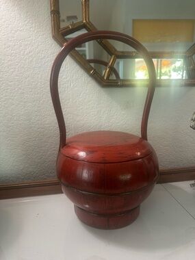 Red Lacquer Decorative Carrying Basket Box